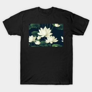 White Lotus Flowers on Navy Background T-Shirt